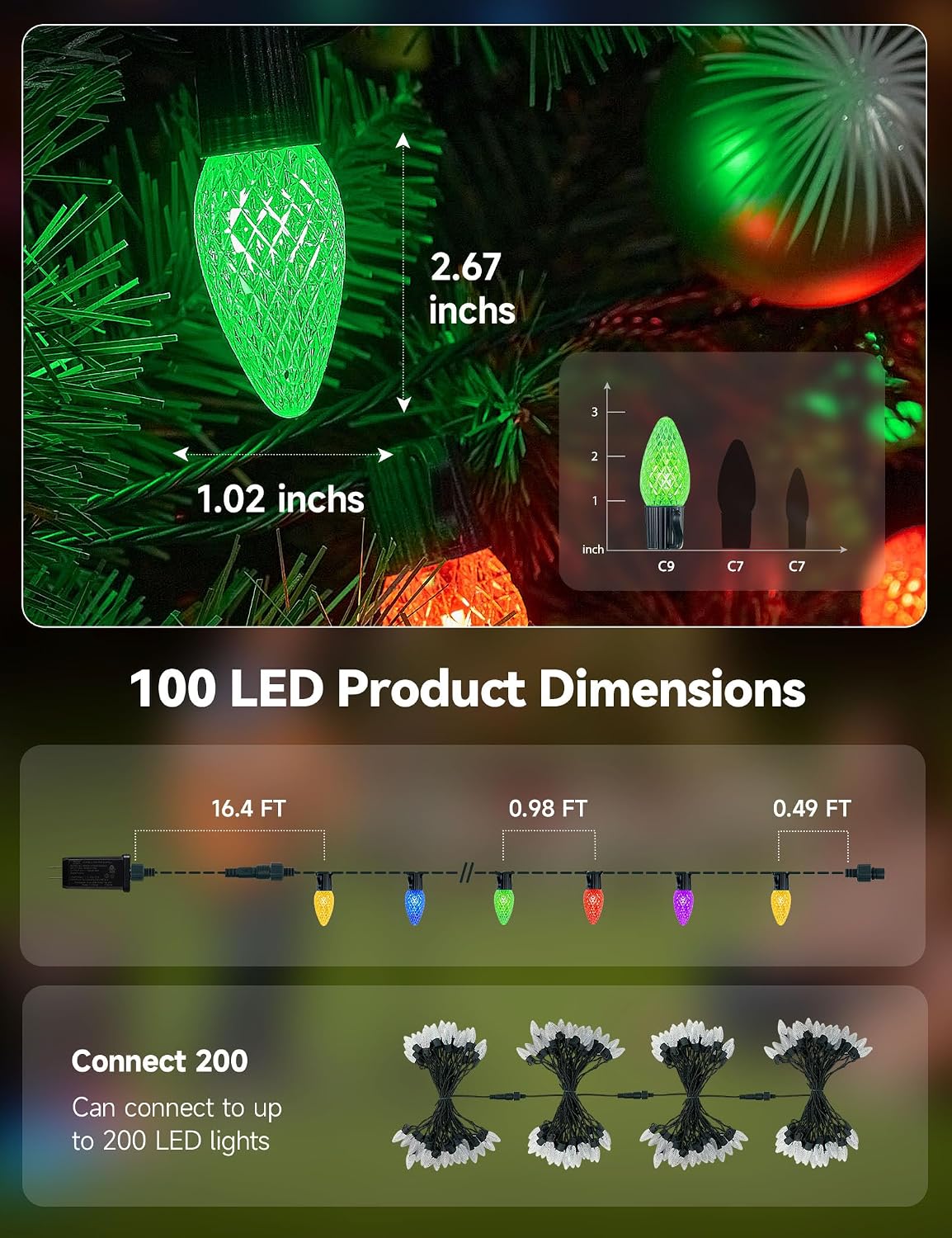 Minetom Smart C9 Christmas Lights Outdoor, 100 LED 99FT Christmas Color Changing Fairy Lights App Control, Music Sync, 105 Preset Modes, Connectable RGB C9 String Lights for House Indoor Xmas Decor