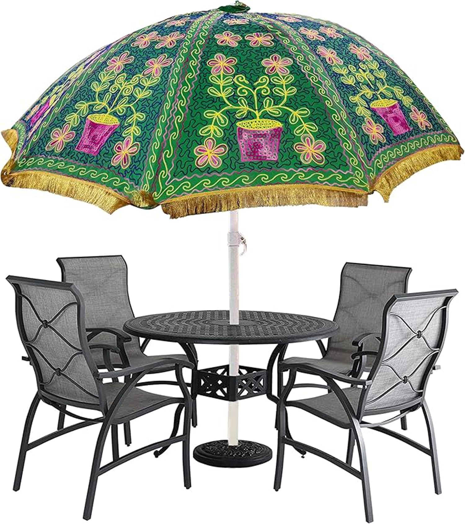 Arprani Green Pot Parasol Umbrella For Sun Indian-Handmade Designer Cotton Fashion Multi Colored Umbrella Embroidery Boho Umbrellas Parasols