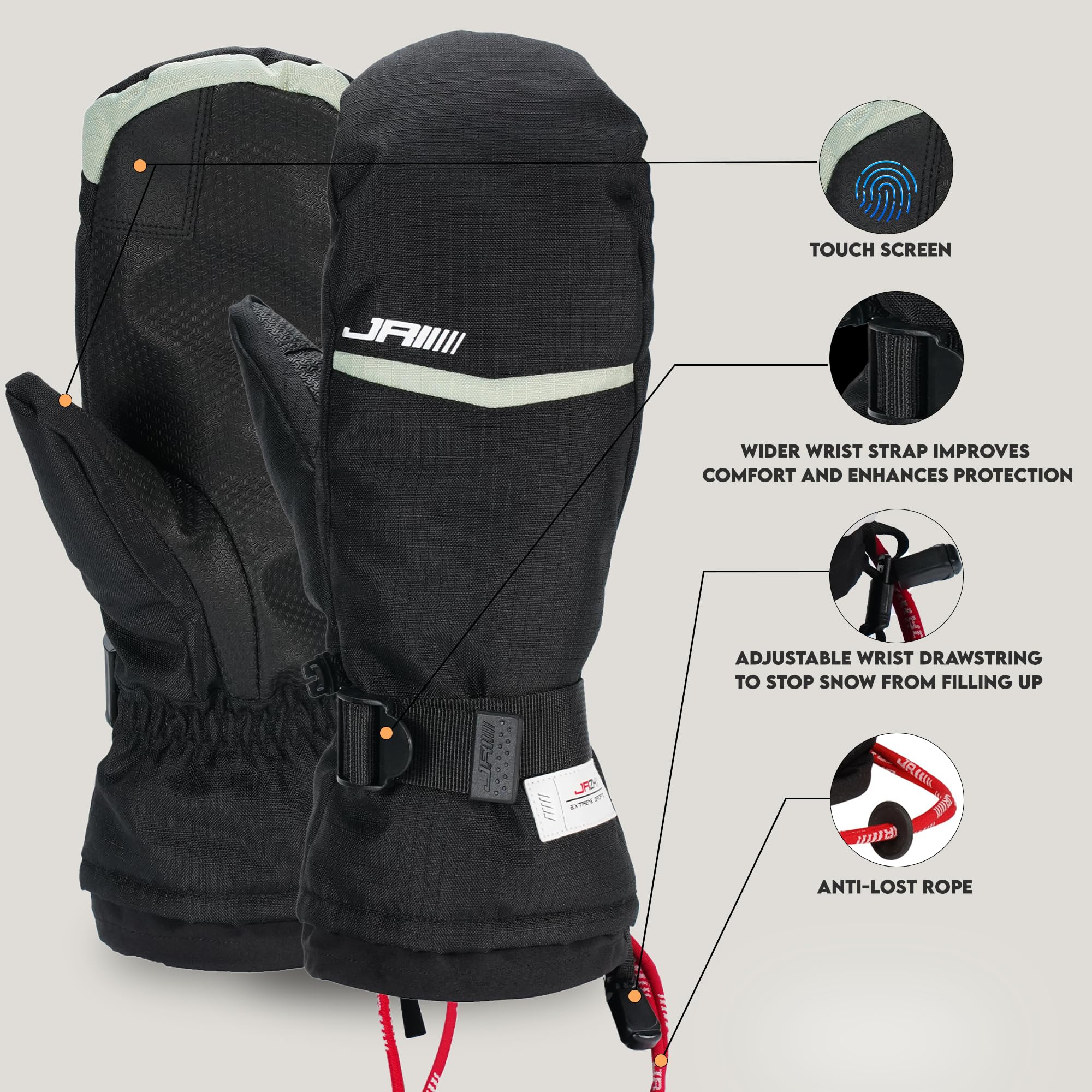 JRZHX Touch Screen Ski Gloves Women & Men with Quadruple Layer Protection, Waterproof Snow Gloves Breathable & Warm, Snow Stopper Adjustable Wrist Drawstring, Anti-Lost Rope (Black, Medium)