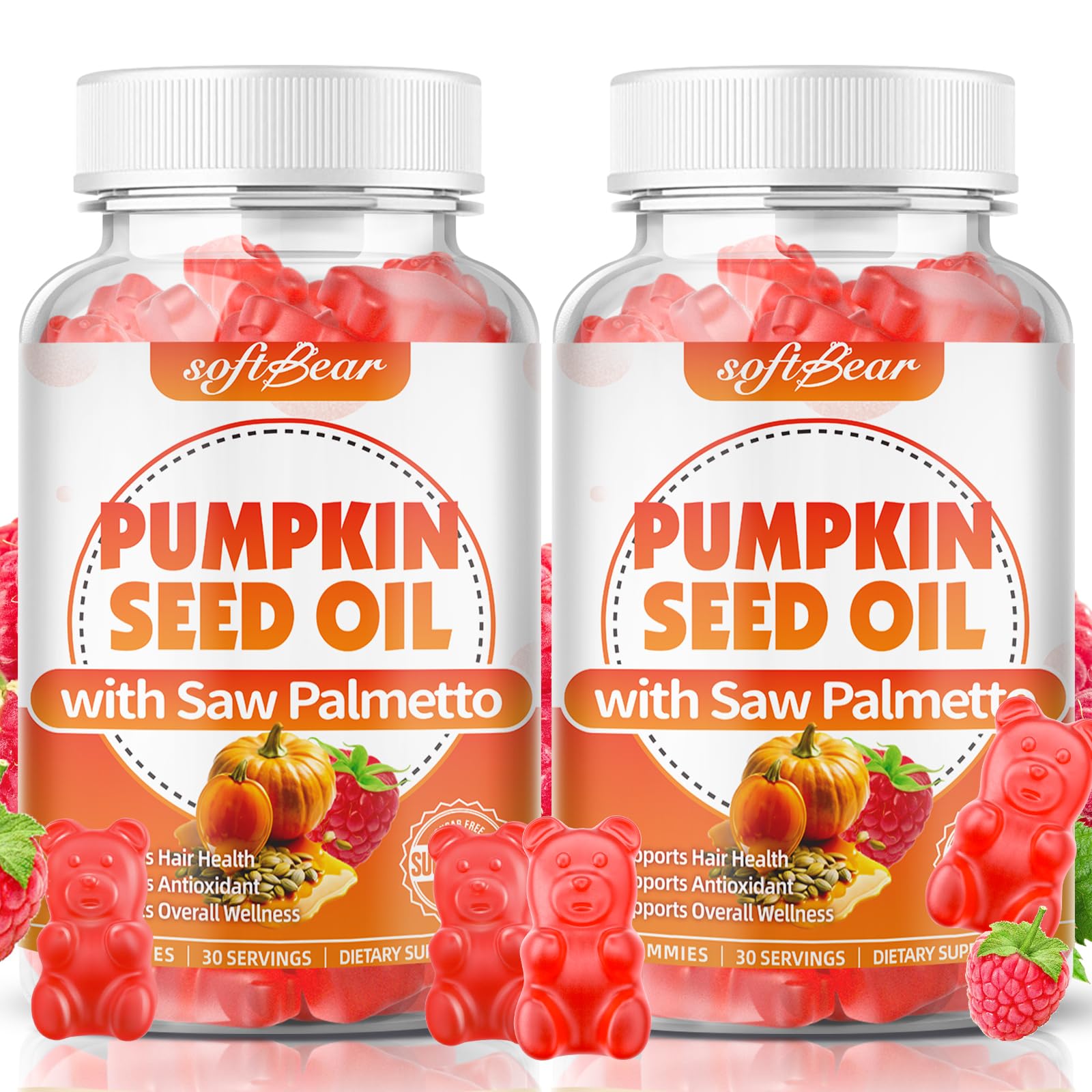 softbear Pumpkin Seed Oil with Saw Palmetto Gummies, Saw Palmetto and Pumpkin Seed Oil Supplement for Hair Growth & Antioxidant Support, Sugar-Free/Orgainc/Vegan, Raspberry Flavor 120 Count Raspberry 60 Count (Pack of 2)