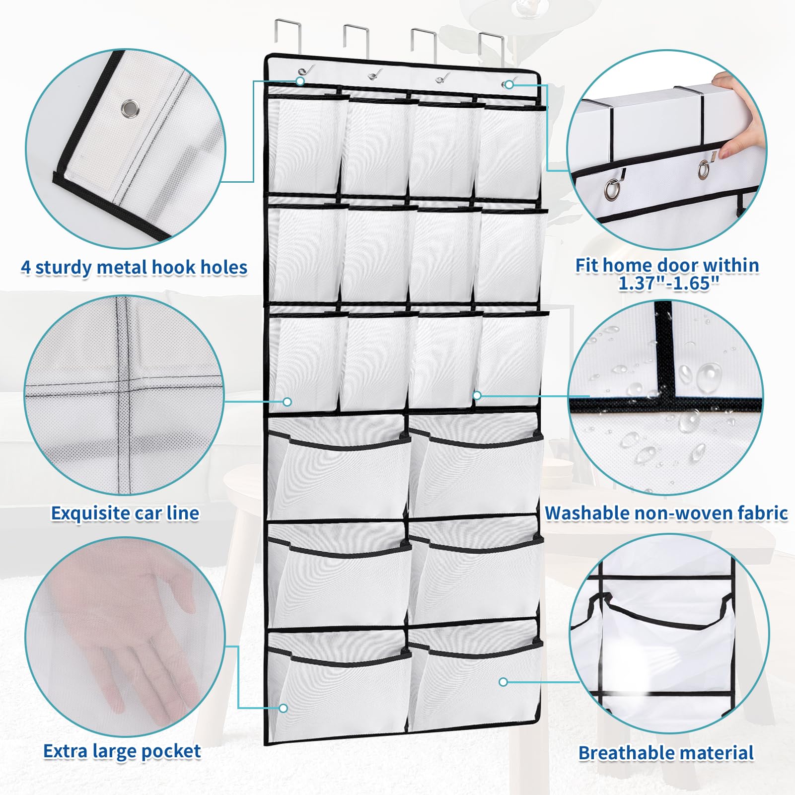 VASZOLA 2 Packs Over the Door Shoe Organizer, 36 Extra Large Mesh Pockets Hanging Shoe Boots Rack Holder, Closet Hanging Organizers for Storage Sneakers High Heeled Shoes Slippers (White) - Image 3