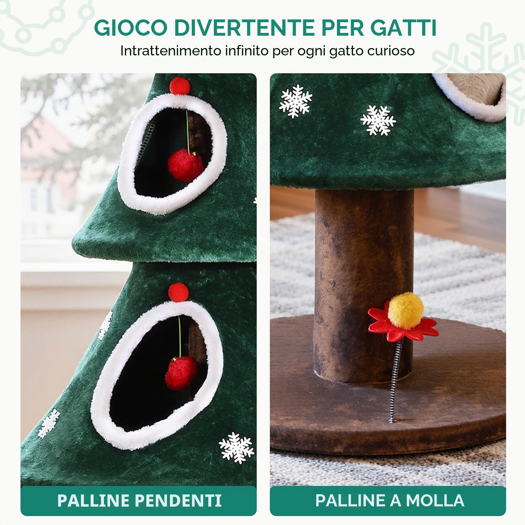 YITAHOME Albero di Natale grande con 2 ripiani, casa per gatti da 132 cm, colonne tiragraffi, centro attivo per gattini e decorazioni natalizie in verde