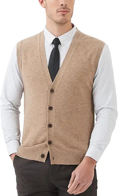 Gilet Homme sans Manche en Laine Mélangé - Cardigan Col V Profond avec Boutons