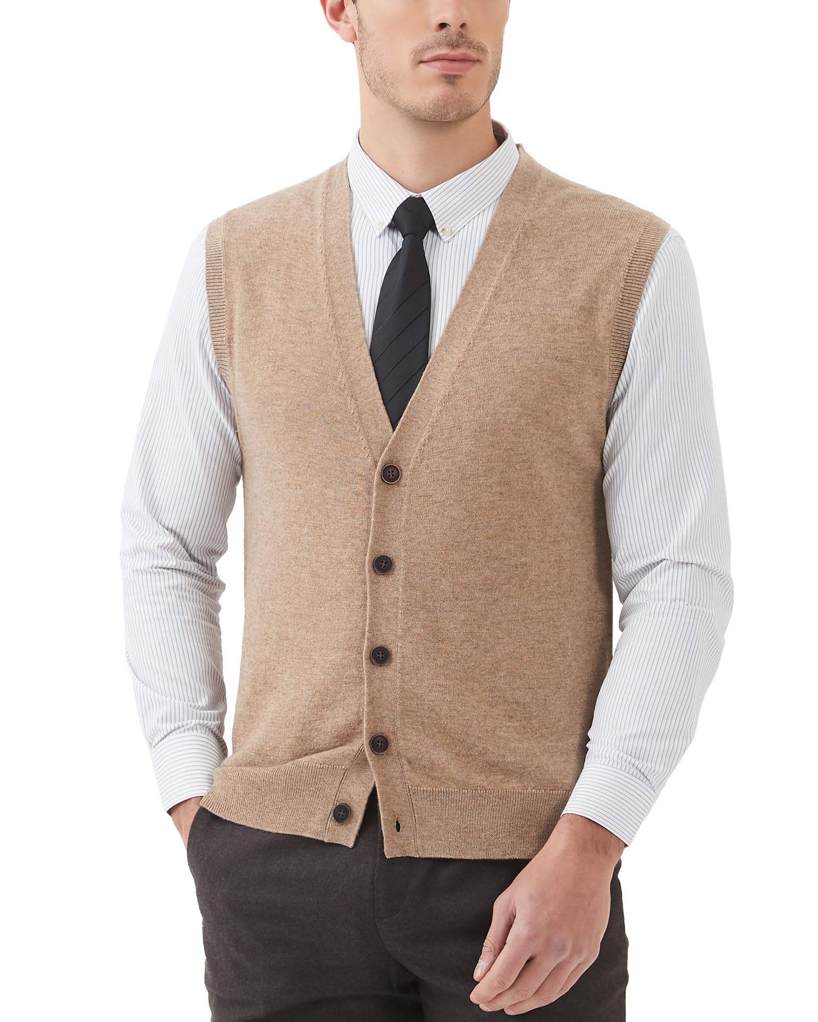 Kallspin Men's Sweater Vest Wool Blend V-Neck Button Sleeveless Cardigan Vest Sweater