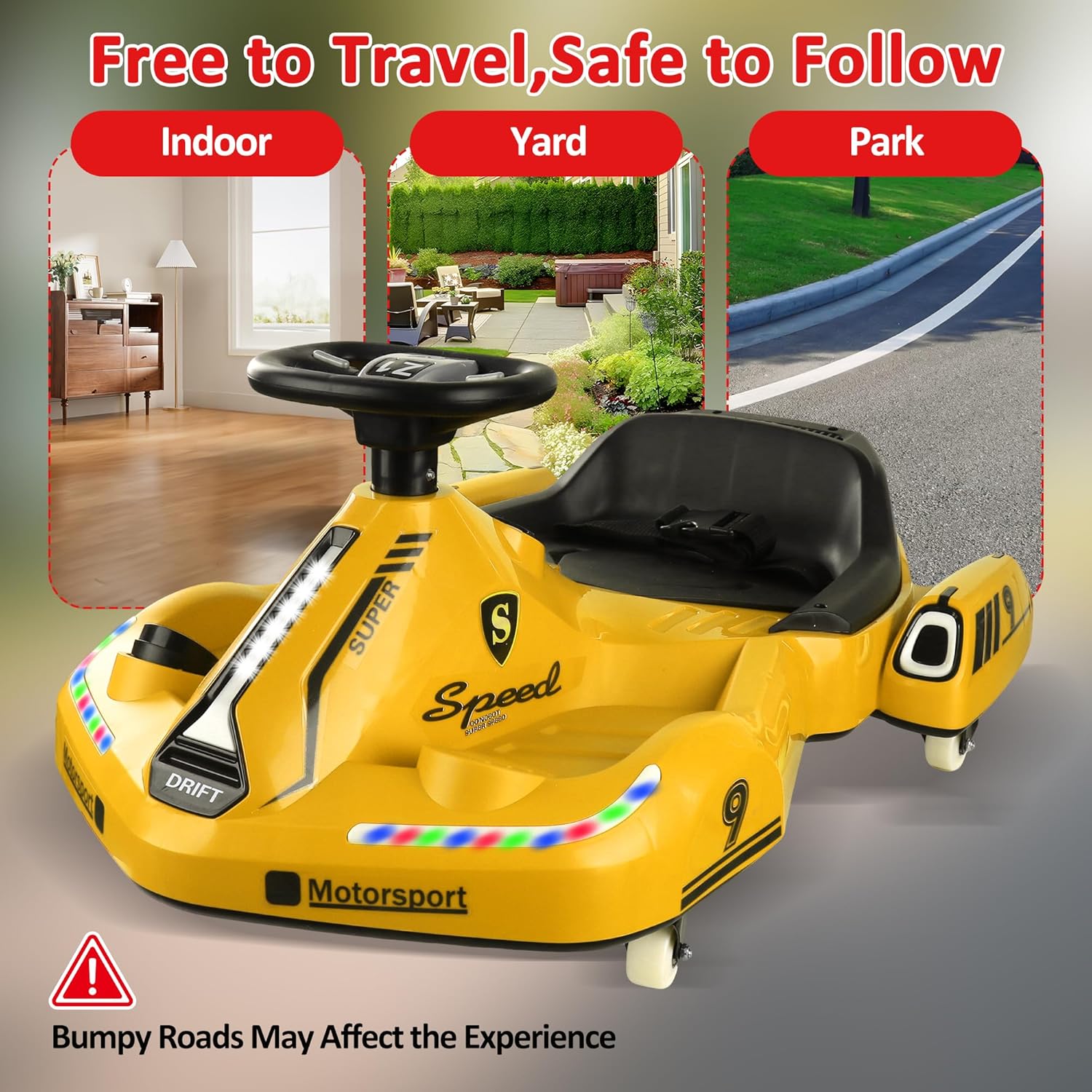 Electric Wiggle Car, 12V Kids Ride On Toys for Ages 3 and Up, Racing Toy 360° Spin with Anti-Rollover, LED Lights, 2 Speeds, 120 LBS. Yellow.