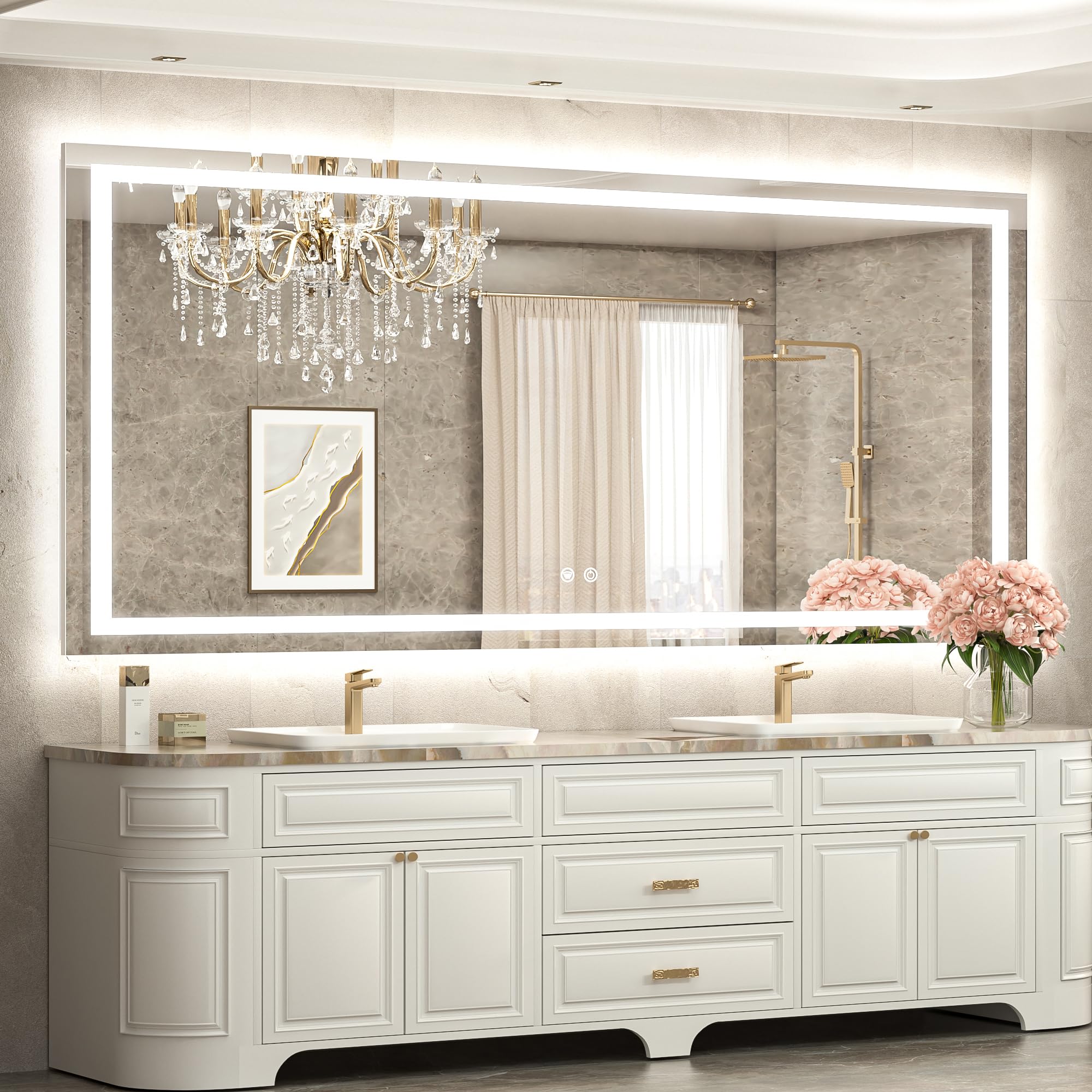 TETOTE 72 x 36 LED Bathroom Mirror with Lights, Brighter Front and Backlit Led Lighted Vanity Mirror Wall Mounted, 3-Color Dimmable Light up Anti Fog Mirror, Waterproof, Shatterproof Tempered Glass