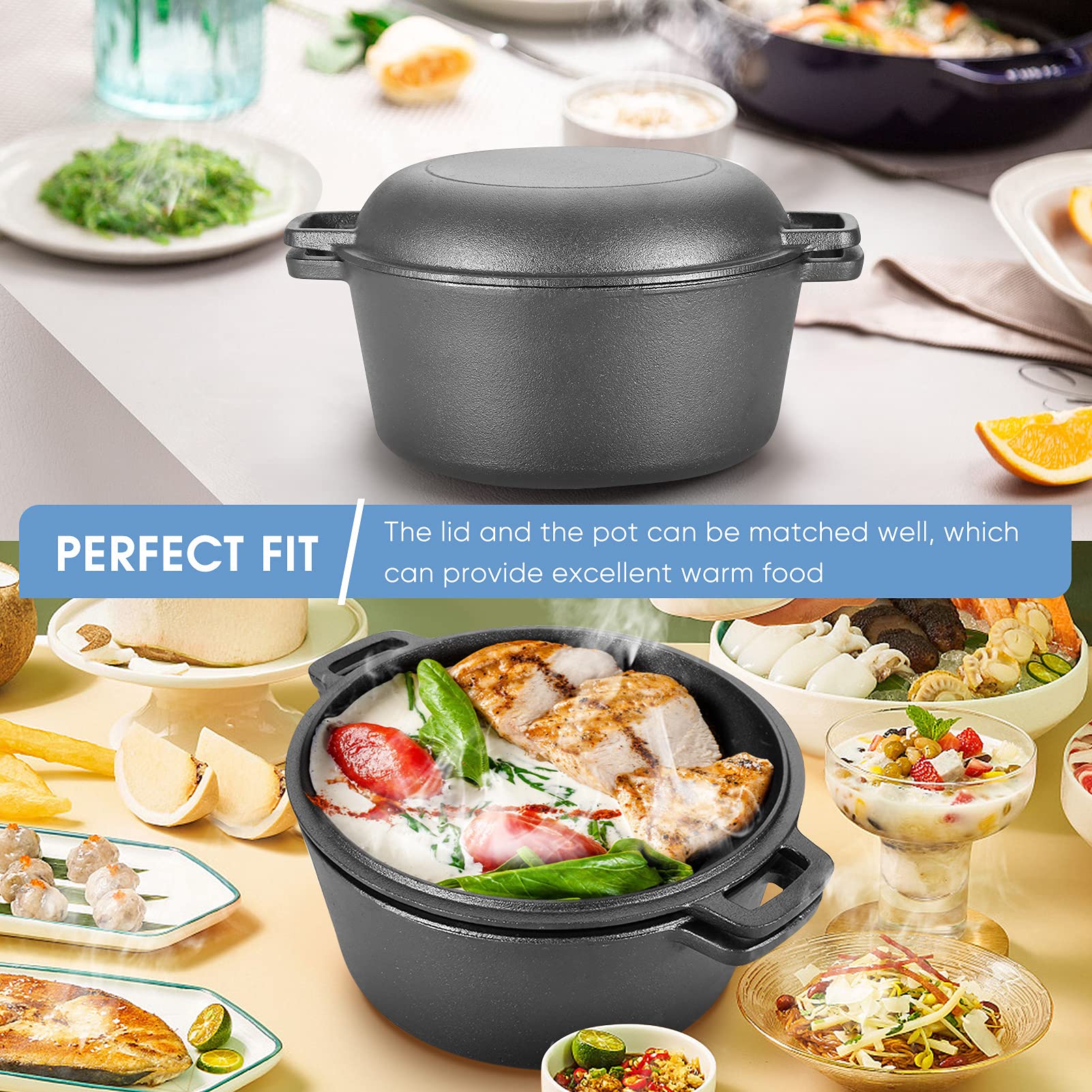 Olla de Hierro Fundido, 2 En 1 Cacerola de 4,5 l Horno Holandés Doble Estufa Combinada con Tapa/Sartén de Doble Función de Marca para Cocina Camping Jardín Barbacoa Hornear 26 X 26 X 12 cm