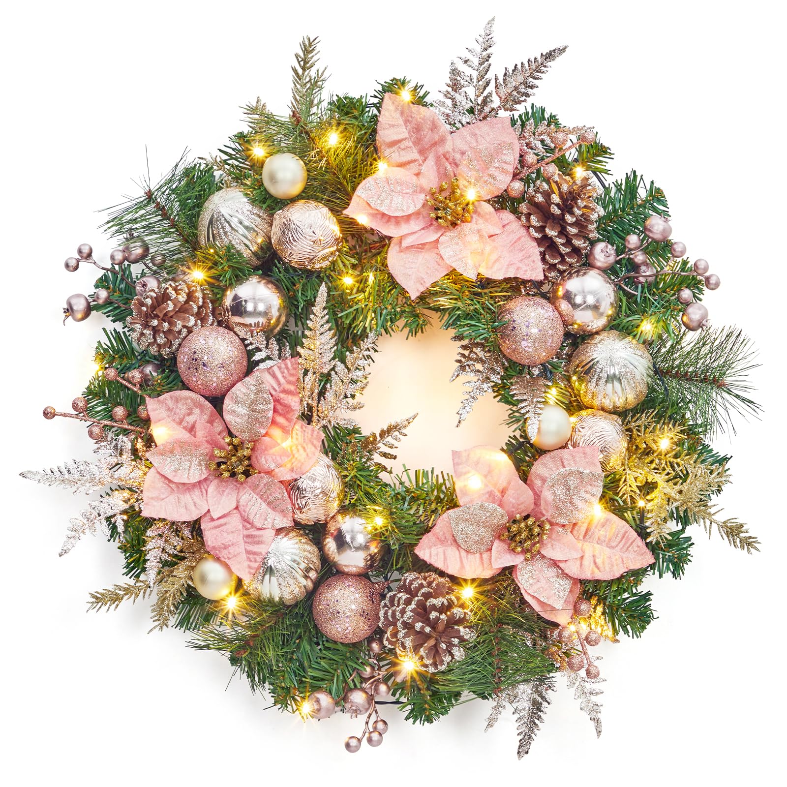 Coronas de Navidad para puerta delantera, corona de Navidad grande de 22 pulgadas con luces, corona navideña iluminada con adornos de bolas de flores para ventana de chimenea, funciona con