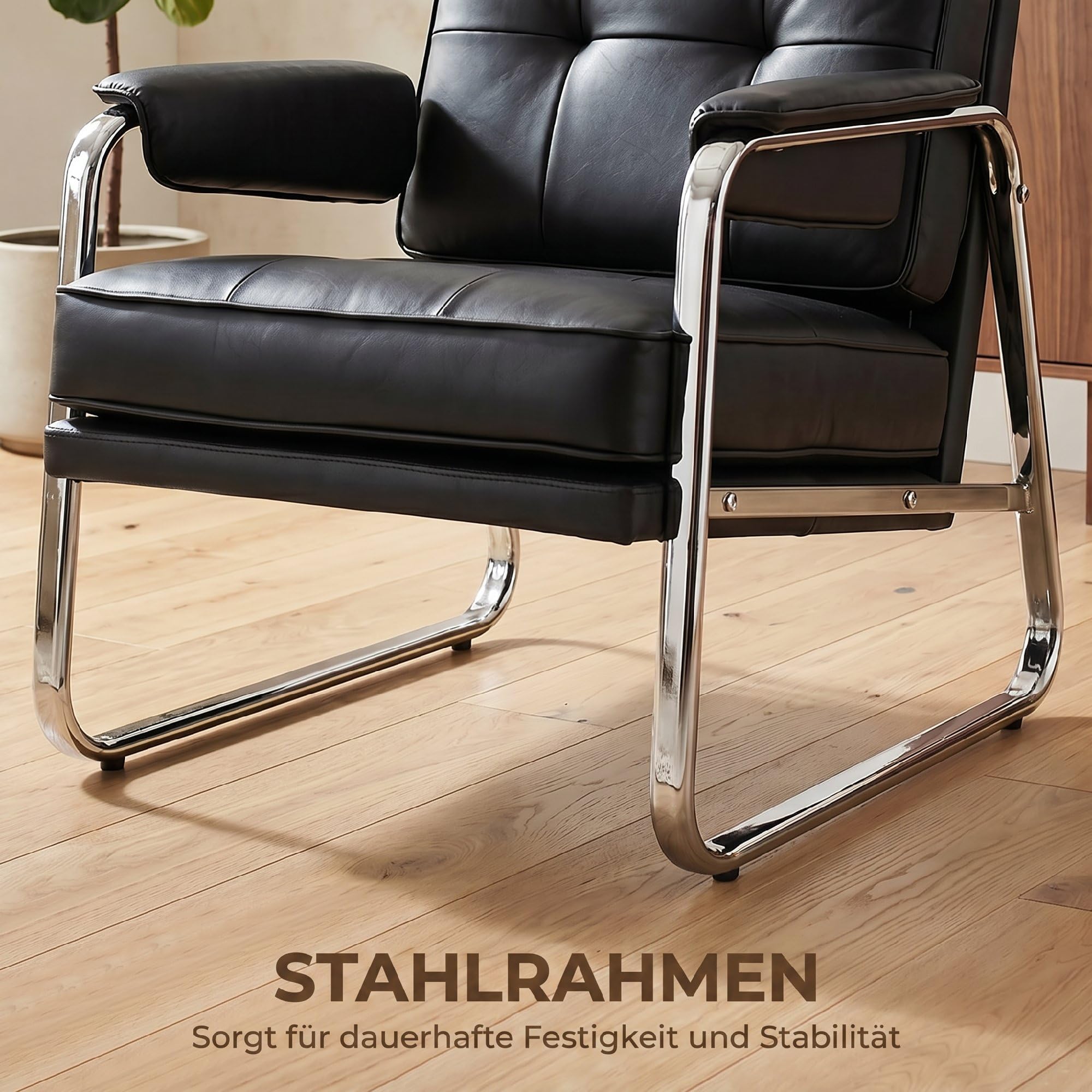 HOMCOM Sessel Loungesessel mit breiter Sitz, Armlehnen, Polstersessel mit Stahlbeinen, Knopfheftung, Dicker Polsterung Relaxsessel aus Kunstleder für Wohnzimmer, Schlafzimmer, Schwarz