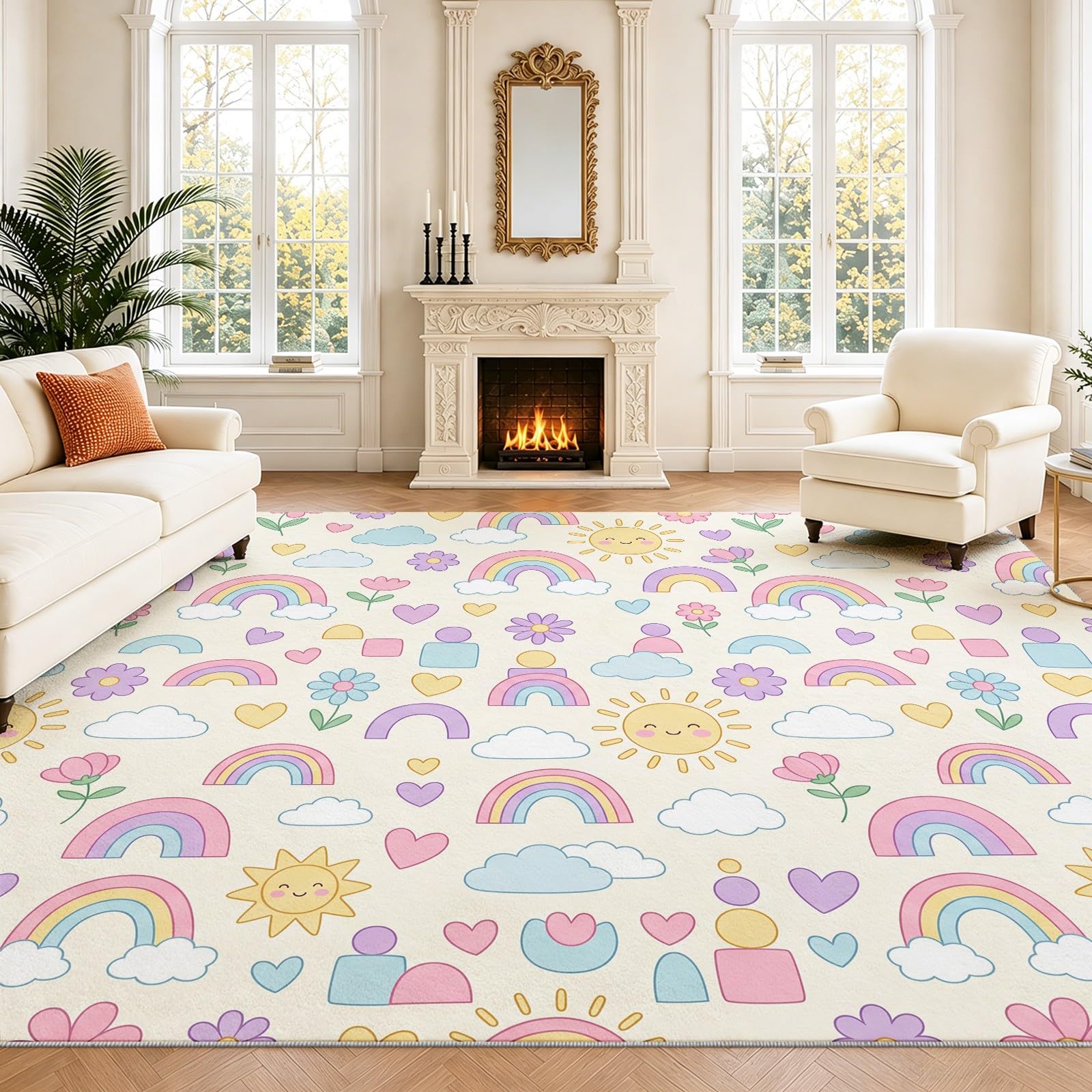 Playful Kids Area Tappeto 80 x 120 cm, beige, per soggiorno, camera da letto, decorazione per la casa, grazioso arcobaleno sole nuvola, tappeto ultra morbido antiscivolo per interni