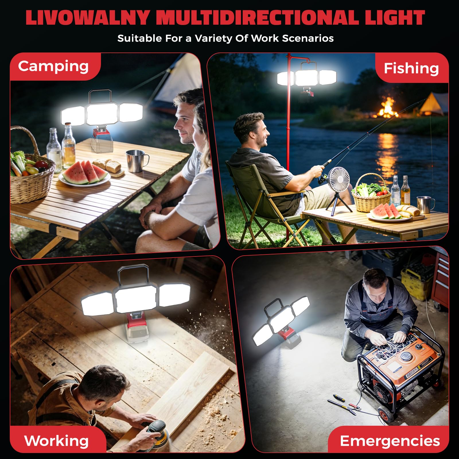 LIVOWALNY Lampa robocza LED kompatybilna z akumulatorem Milwaukee 18 V, przenośny reflektor budowlany z przyłączem USB A i typu C (bez akumulatora)