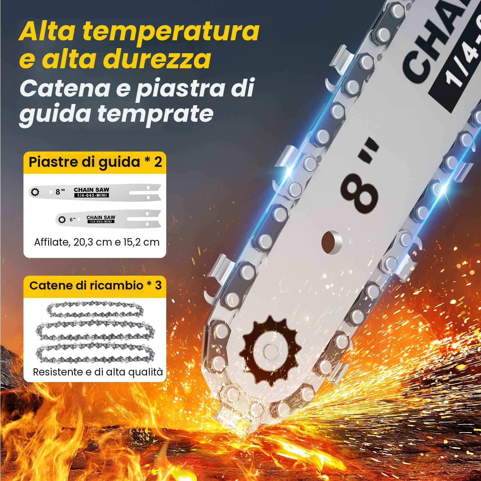 Motosega a Batteria, Motosega Elettrica 8000mAh,1000W 8 & 6 Pollici Sega Motosega Elettrica per Potatura con Pompetta Olio e Catena di Ricambio, Motosega da Potatura per il Taglio del Legno Giardini