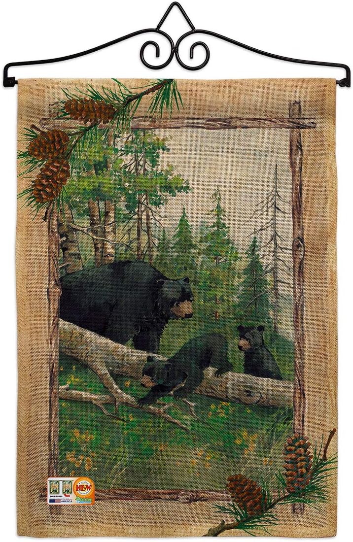 Black Bear Cubs Burlap Garden Flag Set Wall Holder Animals Wildlife Outdoor Deer Wolf Pet Nature Farm Animal Creature Small Decorative Gift Yard House Banner Double-Sided Made In USA 13 X 18.5