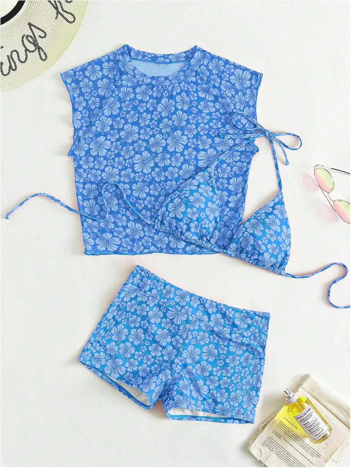 SOLY HUX Women's Floral Print Halter Top and Shorts Bikini Bathing Suits 3 Piece Swimsuit with Cover Up Top