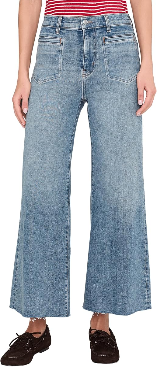 Women's Patch Pocket Flared Wide Leg Jeans with Raw Hem in Shalimar Wash