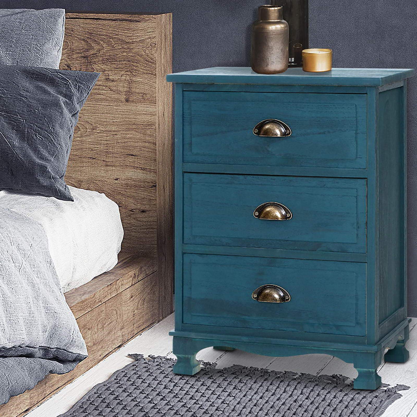 Artiss Bedside Table Vintage Blue Bed Side Tables Storage Small Narrow ...