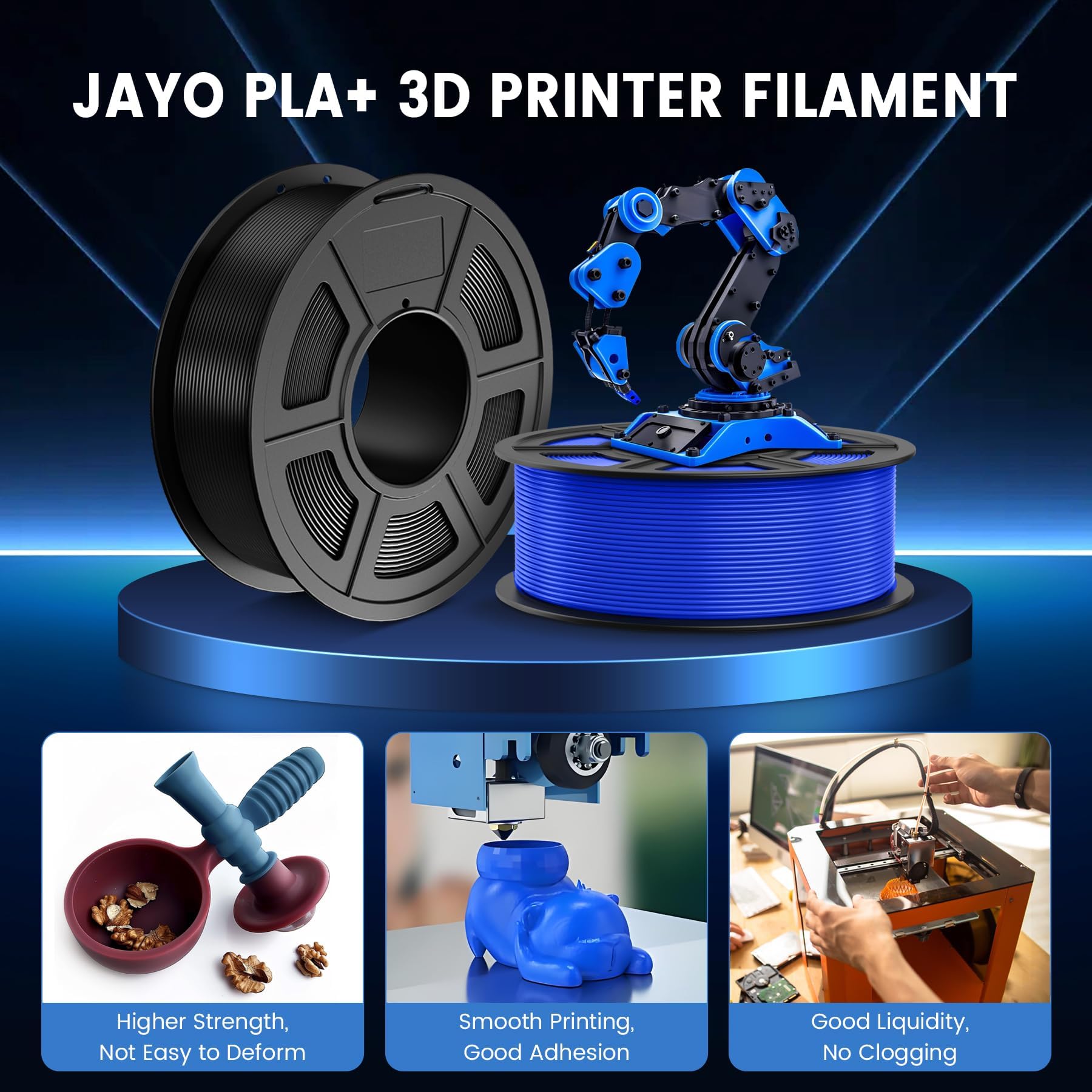 JAYO Filamento PLA+, 1,75 mm, nero, 4,4 kg, PLA Plus, filamento per stampante 3D, indurente e resistente, materiali di stampa 3D, precisione di misurazione +/-0,02 mm, 4 kg/4 spool