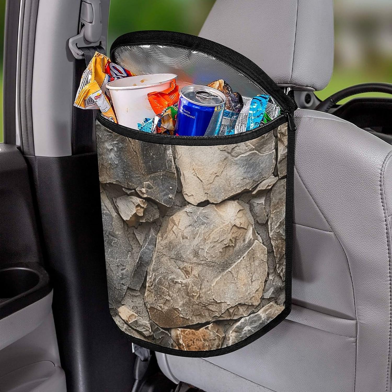 Realistic Stone Wall Car Trash Can with Lid Collapsible Hanging Vehicle Trash Bag Waterproof Car Garbage Bags