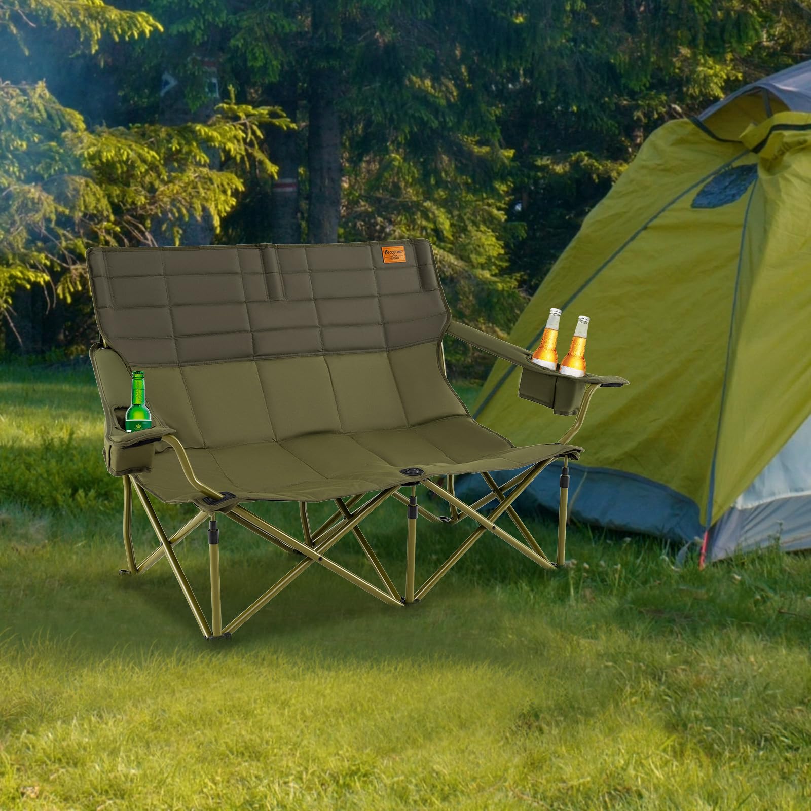 KOMFOTTEU Sedia da Campeggio Pieghevole con Braccioli Regolabili, Sedia da Esterno Portatile con Borsa di Trasporto e Porta Bicchieri, Poltrona per 2/3 Persone, per Pesca, Giardino (Modello II-Verde)