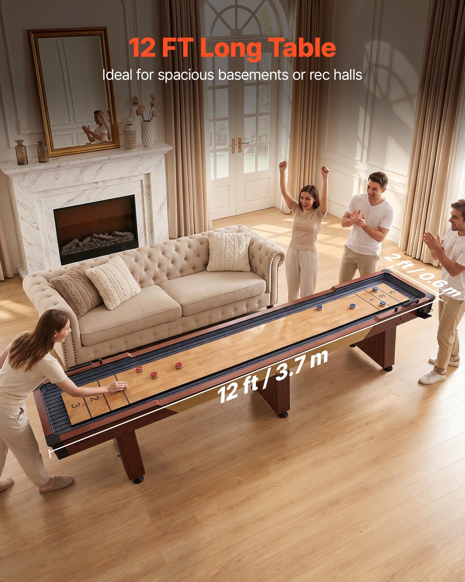 VEVOR Shuffleboard 2 en 1 2,1 m, 2,7 m, 3,6 m, Ensemble combiné Shuffleboard et Bowling avec Terrain de Jeu Anti-Rayures, disques, Ensemble de Bowling, Cire, Pinceau, Salle de Jeux familiale
