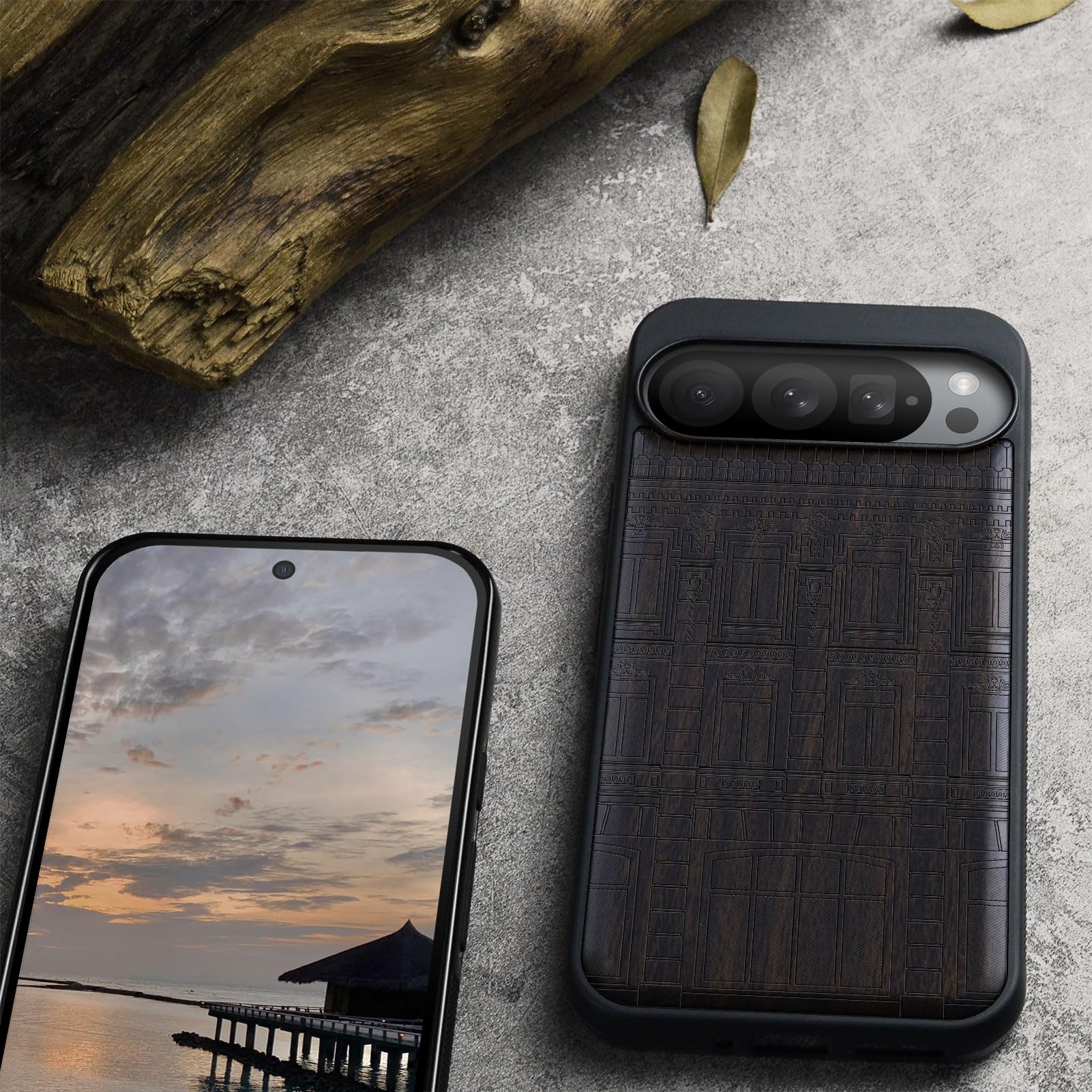 Custodia In Legno Carveit Per Google Pixel 9 Pro XL: Design Onda Di Kanagawa, TPU+legno, Wireless - 3