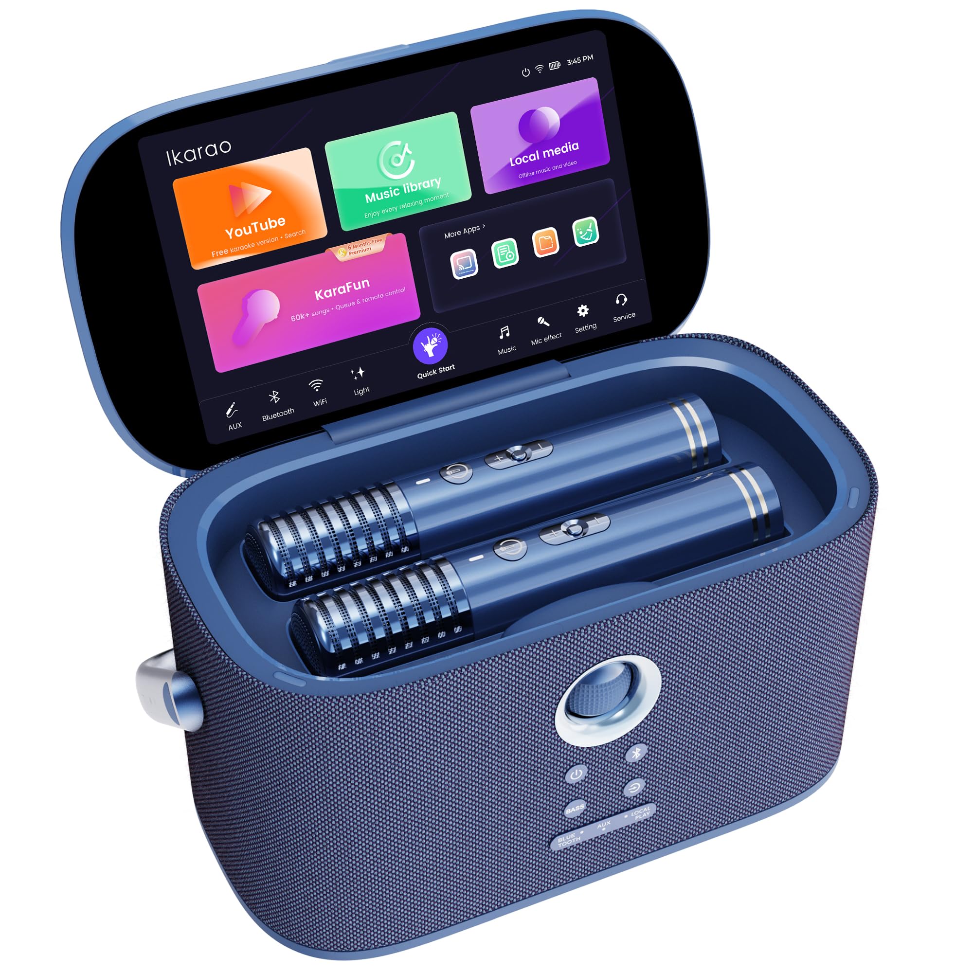 Ikarao Shell S2 Karaoke Maschine mit Bildschirm, 2 kabellose Mikrofone, 140W Bluetooth Lautsprecher, 8" Touchscreen, HDMI für TV, WLAN, LED-Licht, tragbare Karaoke Anlage für Erwachsene Kinder, Blau