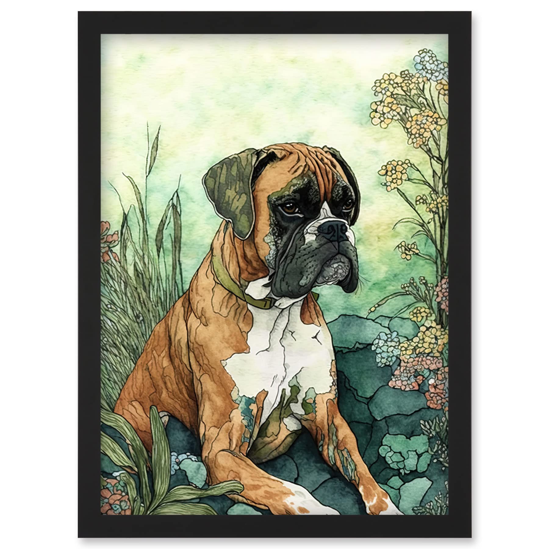Artery8 Boxer Dog in Flower Field Colourful Watercolour Illustration Artwork Framed Wall Art Print A4