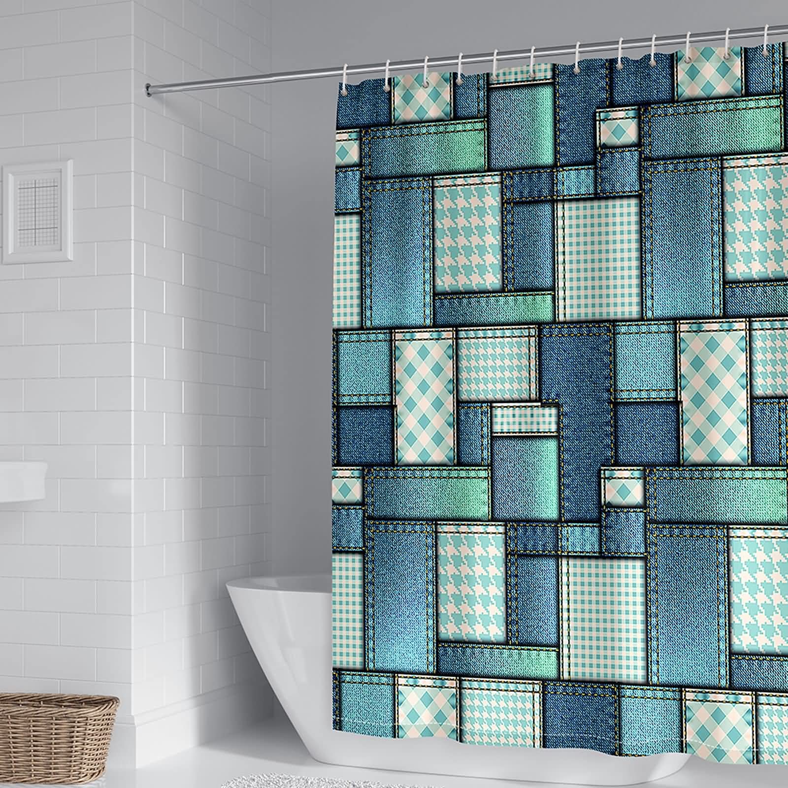 Rideau de douche bleu vert patchwork KnSam pour transformer l'ambiance de la salle de bain