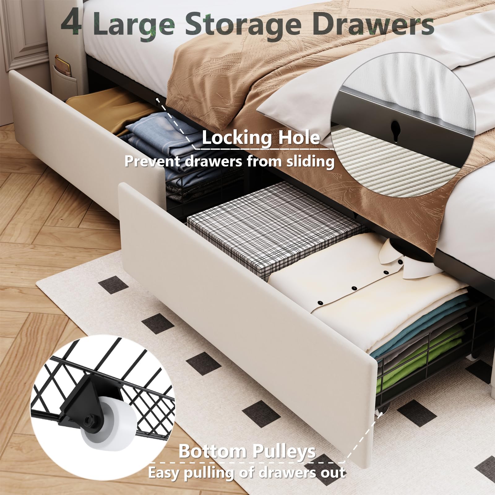 The Best Bed Frames with Storage in 2026 3 TIGUBFRE Queen Bed Frame with 4 Drawers and Storage Headboard, Upholstered Platf — product photo