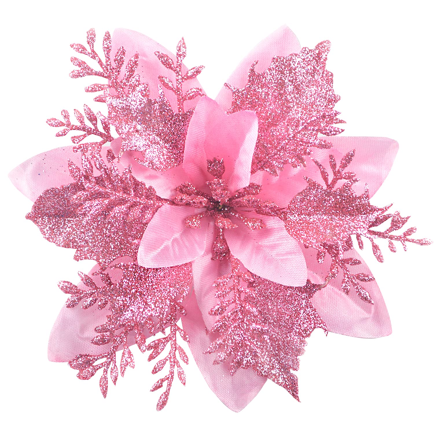 Gl-Turelifes Pink Gl-Turelfies 12 Pcs Glitter Christmas Flowers(15Cm/5.9’’) With 12 Pcs Clips Artificial Poinsettia Flowers Christmas Tree Flower Decorations Xmas Tree Ornaments (Pink)