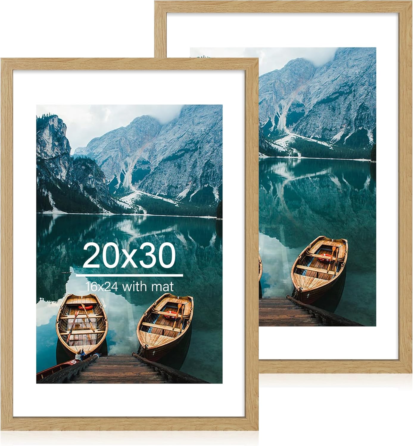 20x30 Frame Set of 2, Natural Oak Wood Style - Display 16x24 Picture with Mat or 20 x 30 Poster without Mat, Wall Mounting Horizontal and Vertical Natural Oak 20x30 in