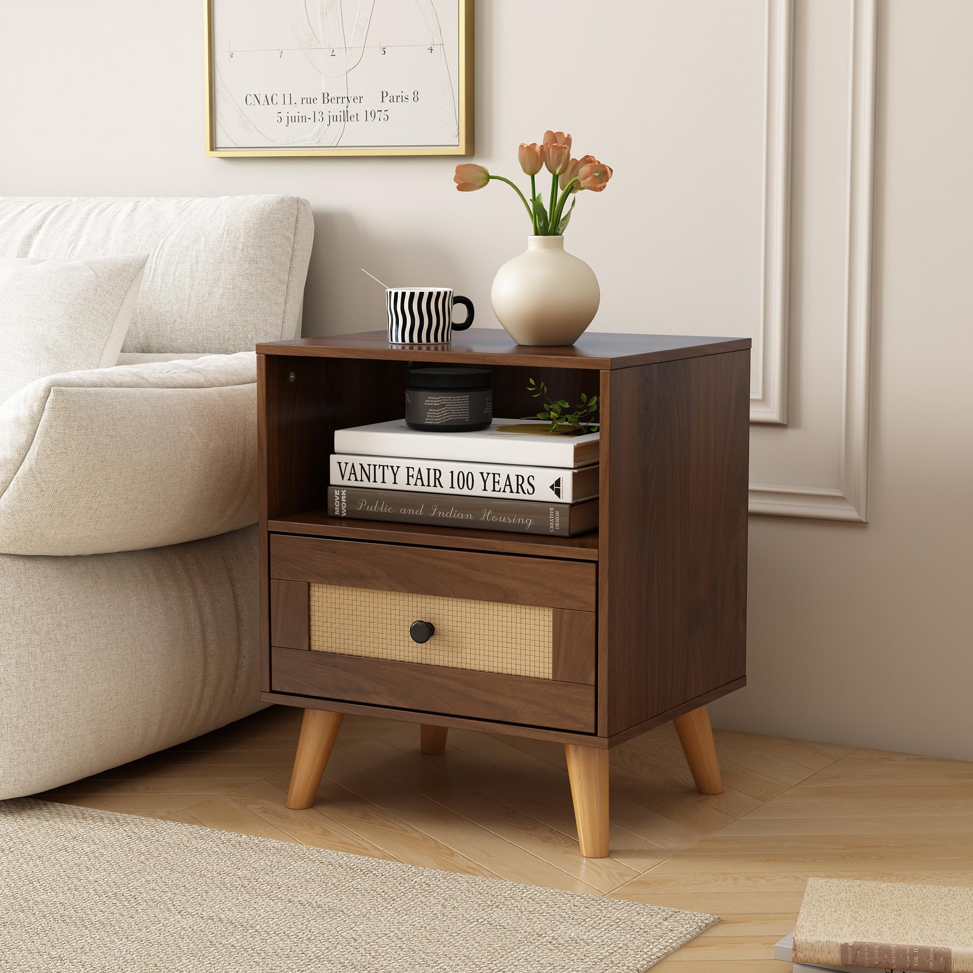 Photo 1 of ComfortNest Everyday Side Table, Rattan Grain Finish Top and Open Storage Compartment Sideboard, Bedroom Living Room Sofa Multi-Scenario Applicable, Three Colors Available (Walnut)
