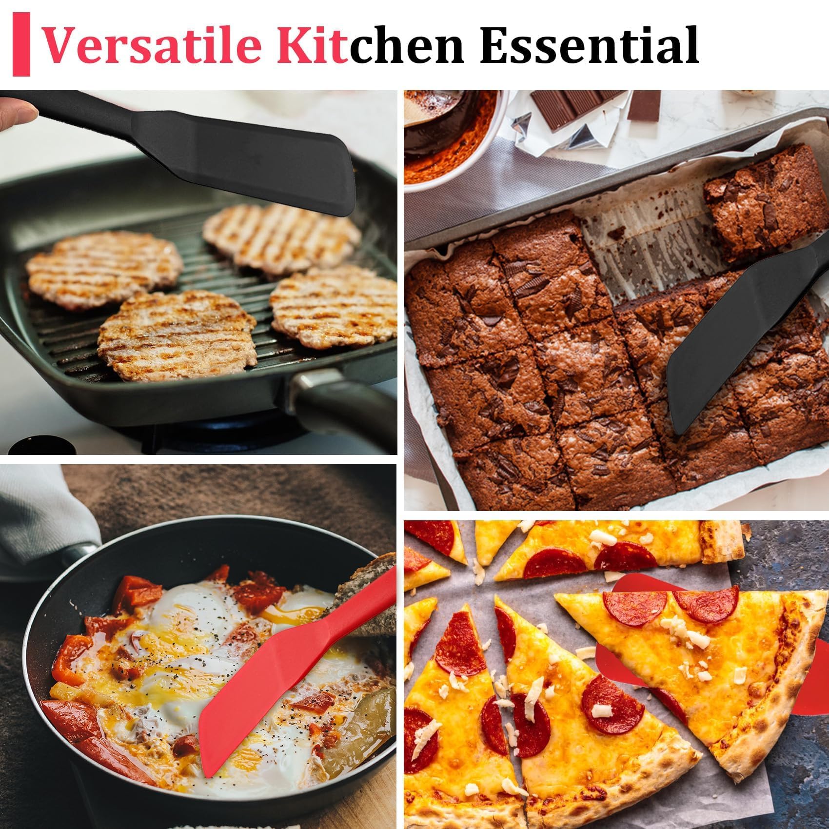 Confezione da 2 spatole in silicone sottili e sottili, lunghe e resistenti al calore, per omelette, pizza, bistecca e torte, con bordo flessibile, compatibili con padelle piccole e pentole profonde
