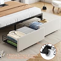 Vista 5 de Base de cama tamaño matrimonial con cabecera de almacenamiento y 2 cajones, base de cama tapizada con luces LED y práctica estación de carga, no Gris