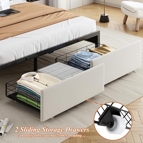 Miniatura 4 de Base de cama tamaño queen con cabecera de almacenamiento y 2 cajones, base de cama tapizada con botones capitoné, luces LED y estación de carga, no