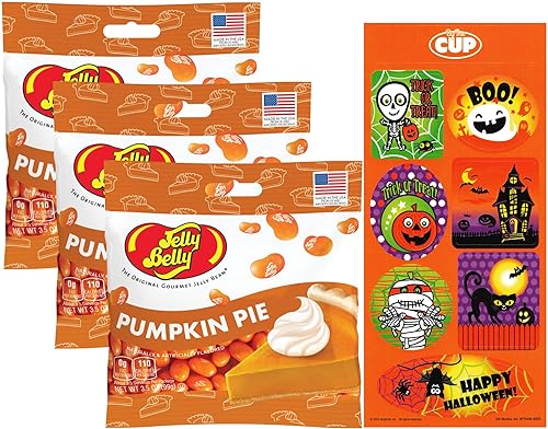Jelly Belly - Sabores de otoño, gomitas de pastel de calabaza, bolsas Grab & Go de 3.5 onzas (paquete de 3) con calcomanías de By The Cup y Halloween