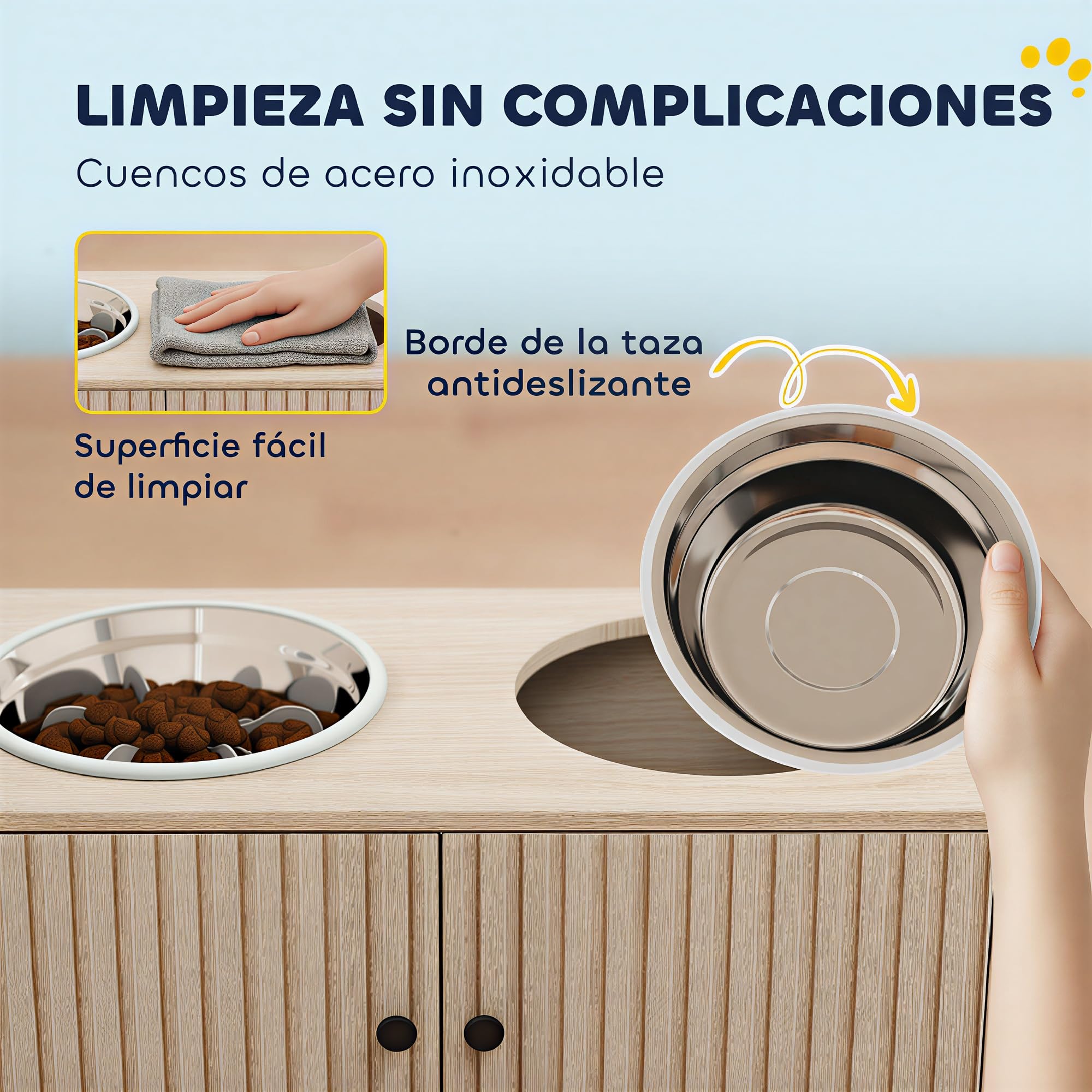 PawHut Comedero Perro Elevado con 2 Cuencos de Acero Inoxidable 2x2000 ml Comedero Lento para Perros Grandes con 2 Puertas, Almacenamiento Oculto, Anillos Antideslizantes, Cuencos Elevados, Roble