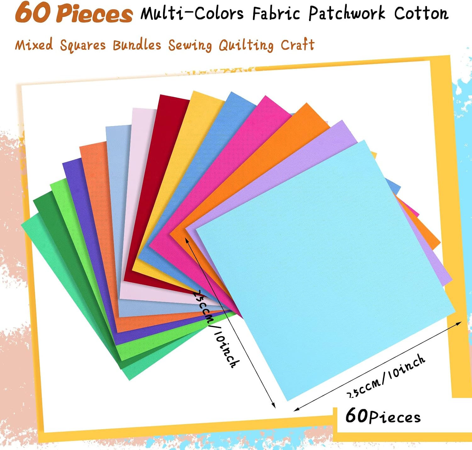 60 Pieces Solid Cotton Quilting Fabric Color Fabric Bundles Fabric Quilt Solid Quilting Squares Quilting Fabric Patchwork Sewing Craft Precut Fabric Scrap for DIY Crafts(10 x 10 Inch)
