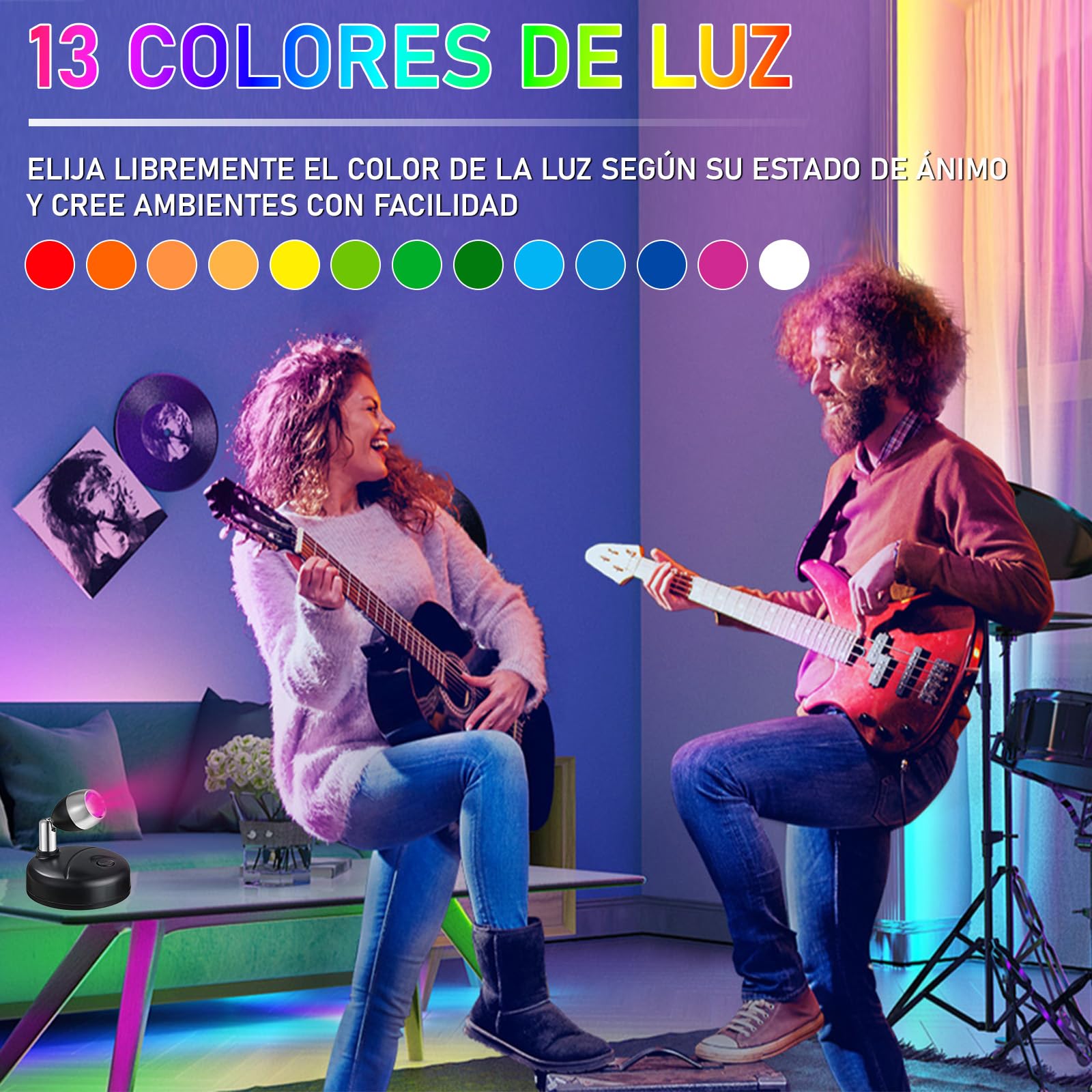 Klarlight RGB Mini Foco Led Interior con Mando a Distancia Focos LED Inalámbrico a Pilas Spotlight de Pared 13 Colores Luz Iluminación para Gabinete Pintura Arte Dardos Party, 2-Pack Negro