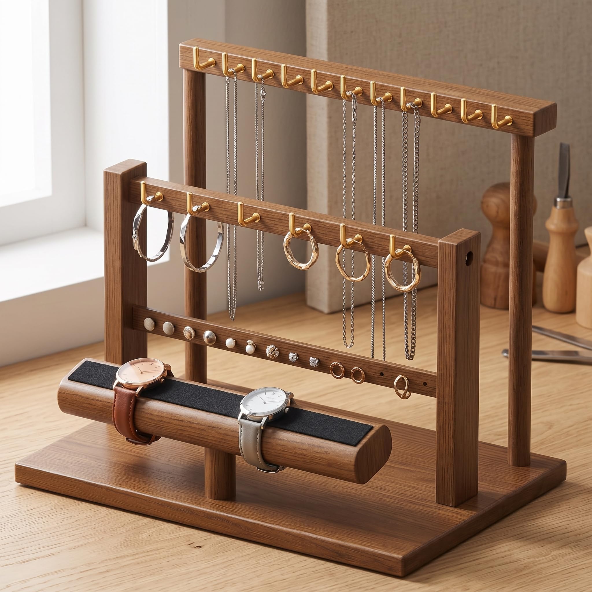TISHITA Support à Bijoux Table avec ux Tiges Suspendues et Plateau Intégré pour Rangement sans Encombrement sur Comptoir, Noyer, deux barres, Grand, 35x20x25.3cm