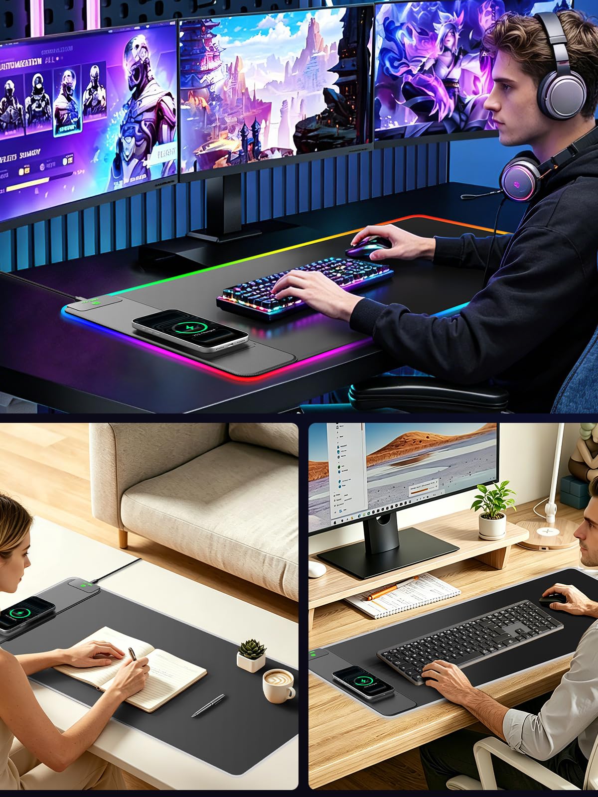 Tappetino per mouse con ricarica wireless, 80 x 40 cm, grande tappetino da scrivania per gaming, 24 effetti di luce, base antiscivolo, impermeabile, superficie liscia