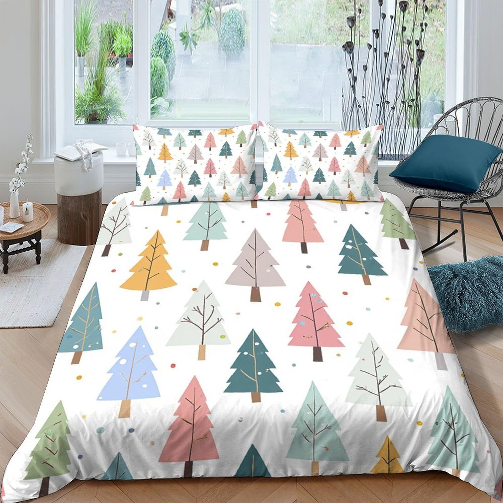 Ctjqhvkz Style-1 3D Printed Colorful Pine Tree Fitted Sheet Microfiber Soft Anti-Slip Forest Mattress Cover For Bedroom Dorm Decor Single（135X200cm）