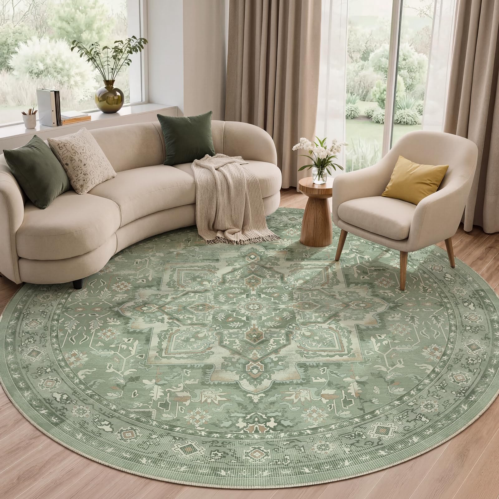 Jainmy Sage Green Large Round Area Rugs for Living Room 8ft, Farmhouse Vintage Medallion Big Round Carpet 8 Feet Family Room, Washable Non Slip Thin 8x8 Circle Floor Rugs for Dining Room Transitional — image 1