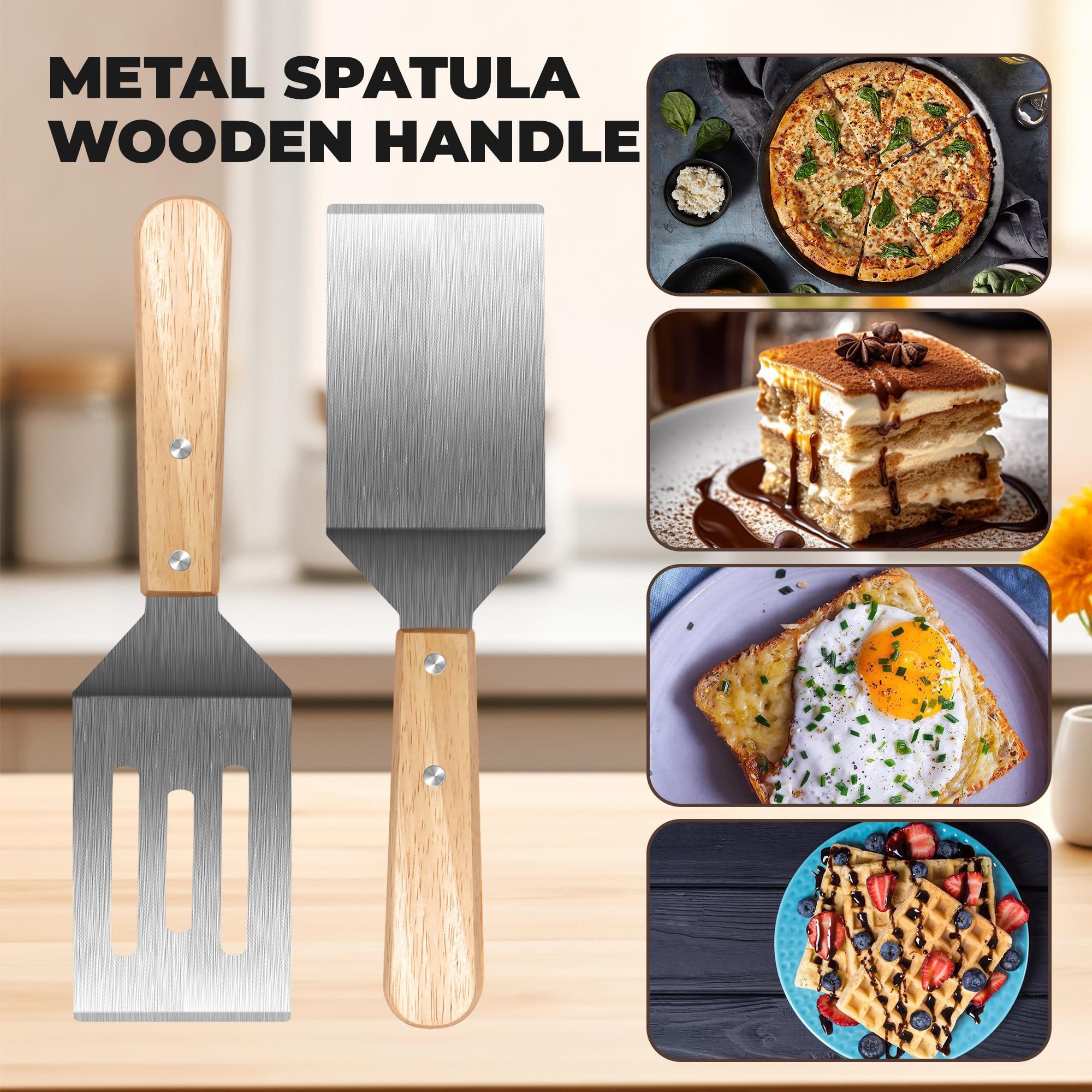 Espátula de metal, espátula para servir y girar con mango de madera, ideal para panqueques, brownies, postres, galletas, huevos o sartenes pequeñas