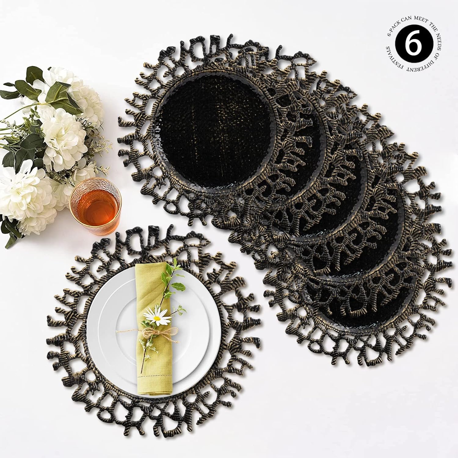 MAONAME 13" Black Charger Plates Set of 6, Round Charger for Dinner Plates, Plastic Plate Chargers, Table Chargers for Wedding, Tabletop Decor,