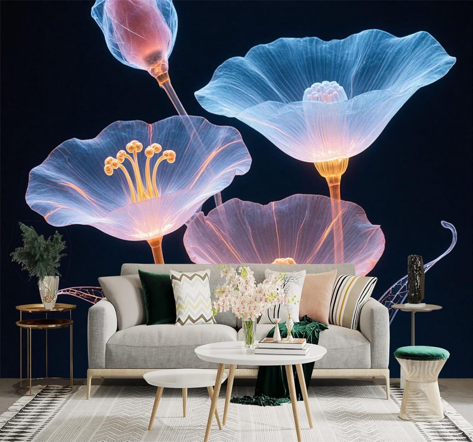 XLMING Glowing Transparent Flowers Neon Effect Dark Background 3D Wallpaper Premium Textured Silk Study Dining Living Room Bedroom Sofa TV Wall Easy Install-350cm×256cm