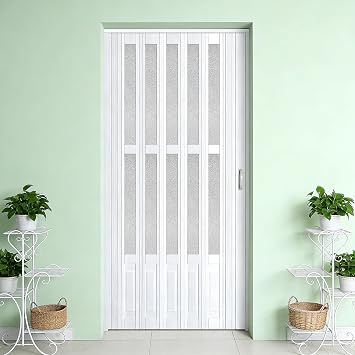 48X80in Accordion Doors Interior,White PVC Folding Door with Handle & Latch, for Closet & Kitchen,Complete Hardware Kit Easy to Install