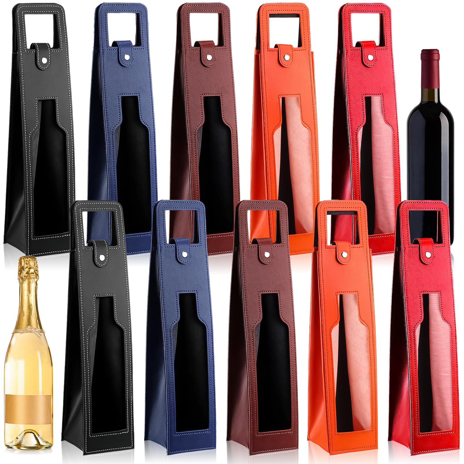 10 Stück Weinflaschenbeutel Leder-Optik – Geschenktüte mit Griff und Sichtfenster für Flaschen – Wein Tasche Stabil – Weinflaschen Verpackung für Hochzeit, Geschenktüten, Party (5 Farben)