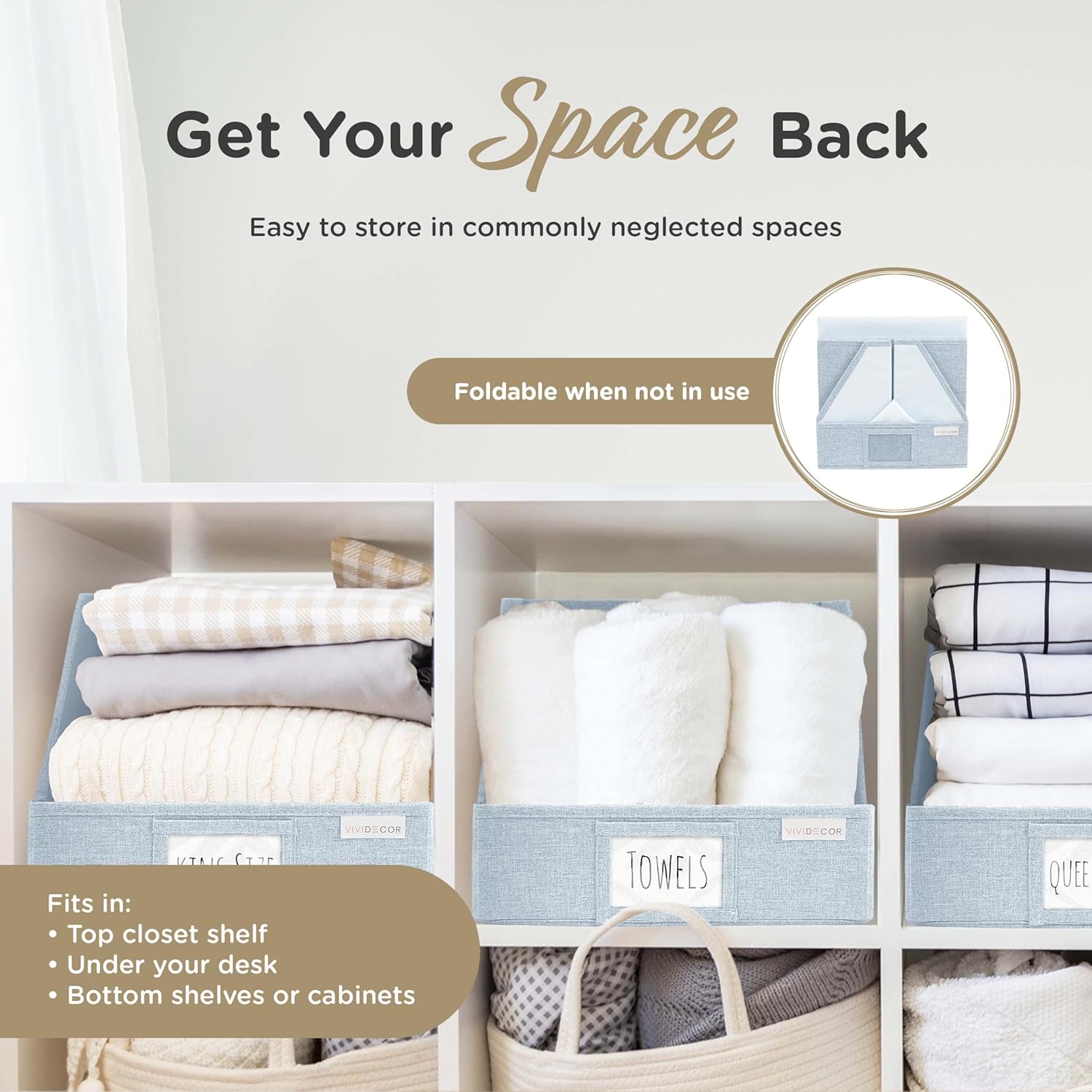 VIVIDECOR Open Front Trapezoid Closet Bins 12x12x10 – Easy Access Shelf Organizer for Folded Clothes, Fabric Storage Baskets for Sweaters, Towels, Linen – Light Blue, 3 Pack
