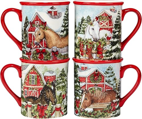 Miniatura 4 de Homestead - Juego de vajilla navideña de 16 piezas, vajilla navideña para 4 personas con escenas festivas de caballo y granero, platos de cerámica